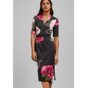 Ted Baker Black Floral Sheath Dress with Pink Roses